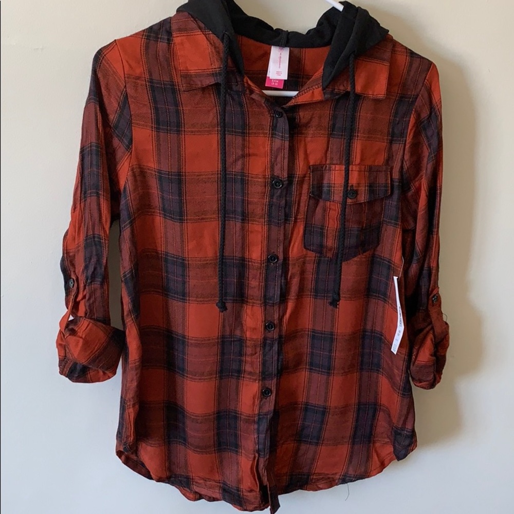NWT No Boundaries Hooded Plaid Shirt